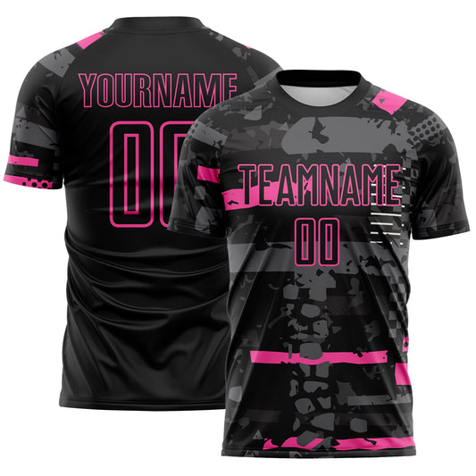 Custom Black Pink-Gray Abstract Geometric Stripe Fragment Sublimation Soccer Uniform Jersey - Main View