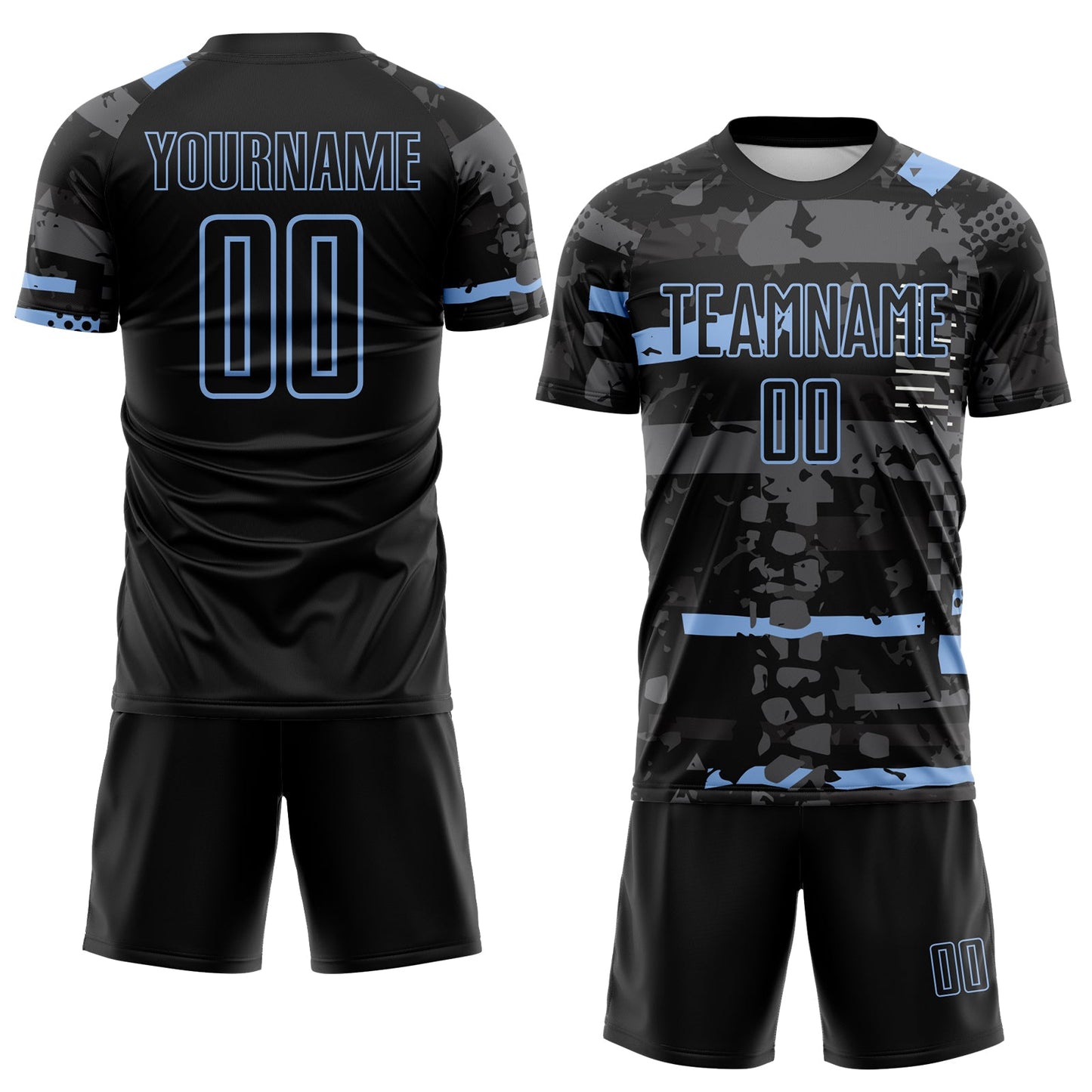 Custom Black Light Blue-Gray Abstract Geometric Stripe Fragment Sublimation Soccer Uniform Jersey view 2