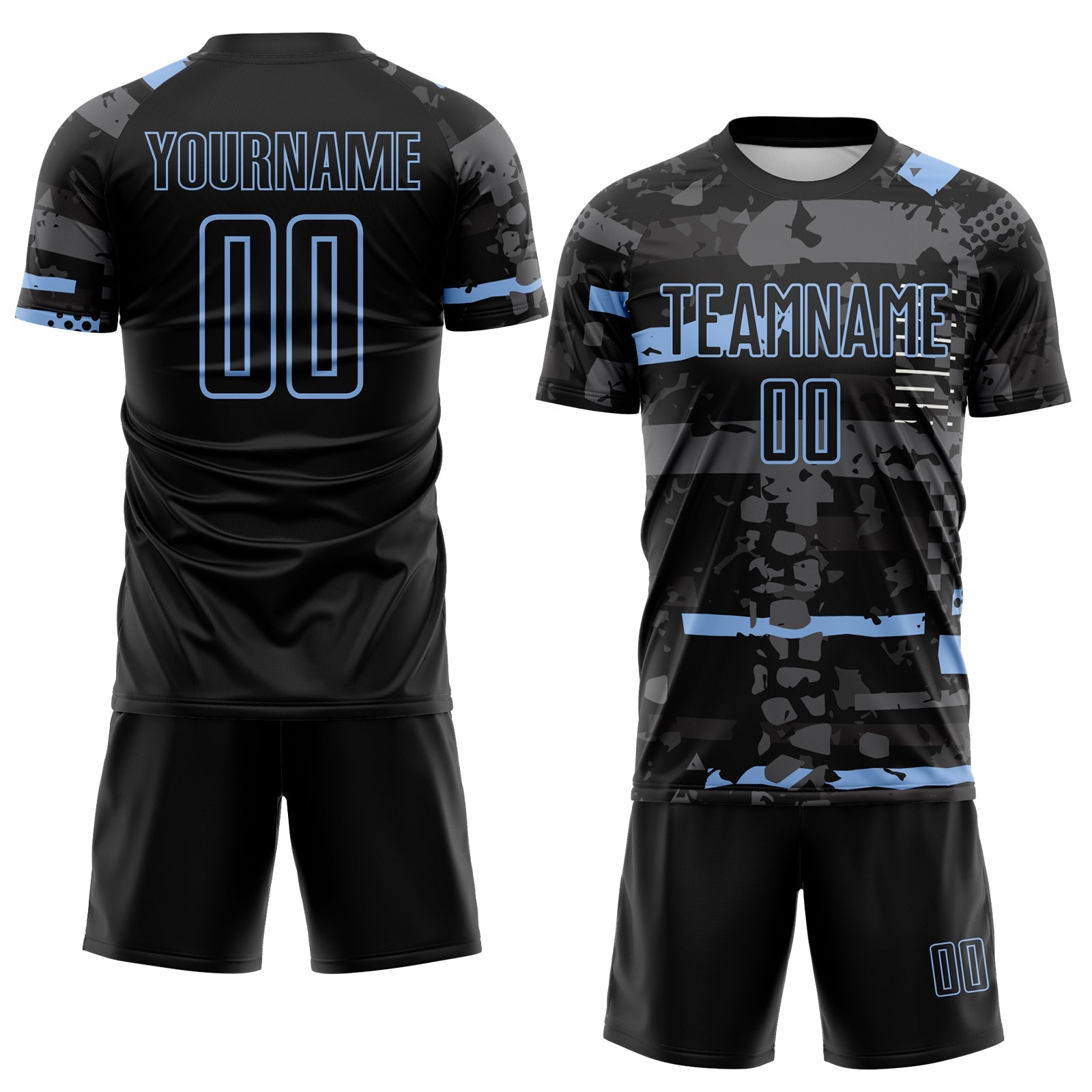 Custom Black Light Blue-Gray Abstract Geometric Stripe Fragment Sublimation Soccer Uniform Jersey view 2