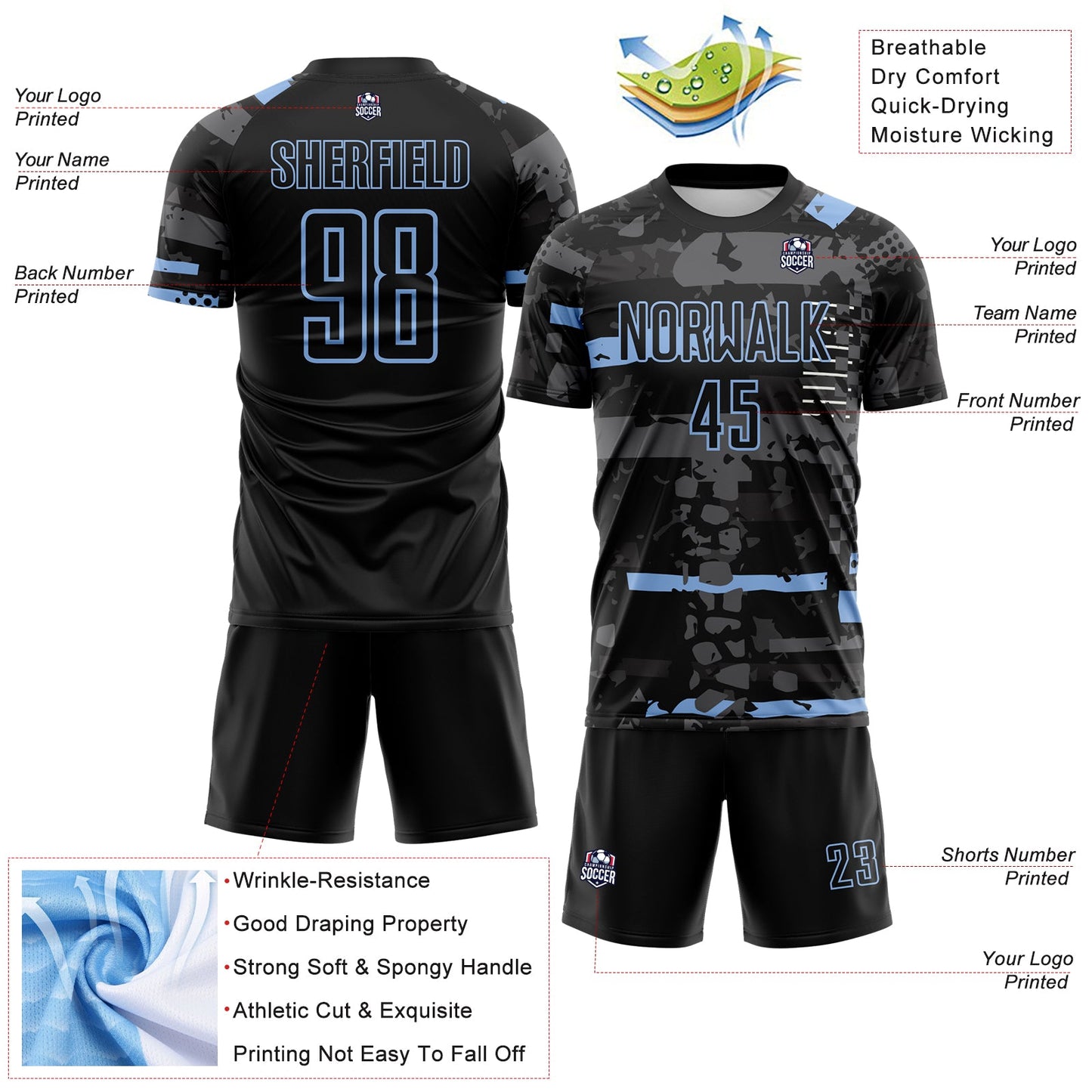 Custom Black Light Blue-Gray Abstract Geometric Stripe Fragment Sublimation Soccer Uniform Jersey view 4
