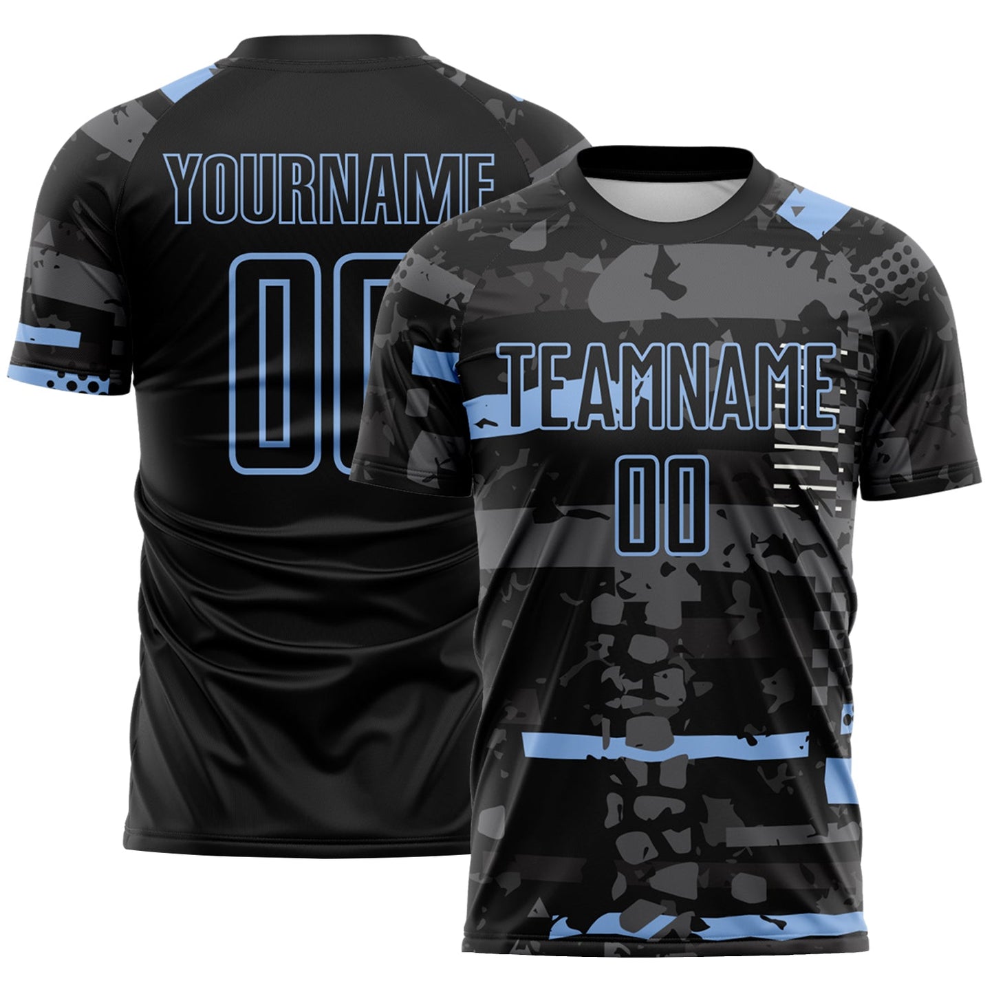 Custom Black Light Blue-Gray Abstract Geometric Stripe Fragment Sublimation Soccer Uniform Jersey - Main View