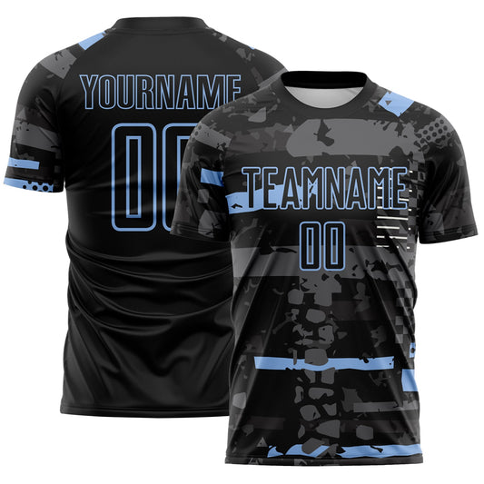 Custom Black Light Blue-Gray Abstract Geometric Stripe Fragment Sublimation Soccer Uniform Jersey - Main View