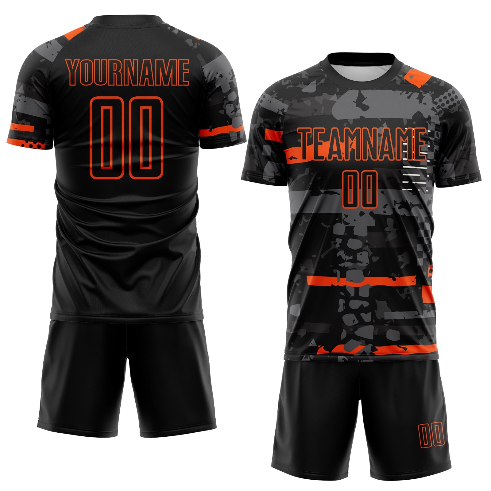 Custom Black Orange-Gray Abstract Geometric Stripe Fragment Sublimation Soccer Uniform Jersey view 2