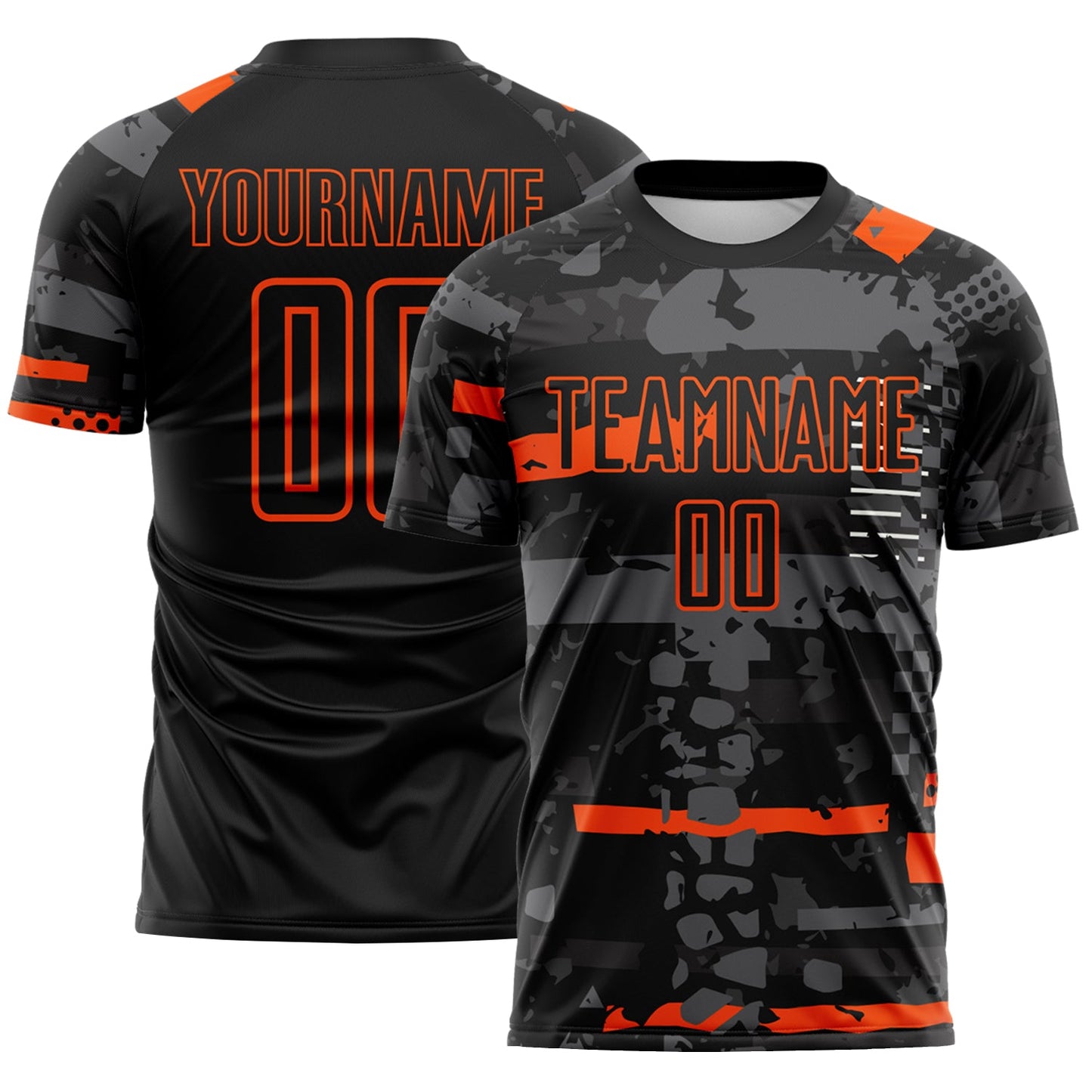 Custom Black Orange-Gray Abstract Geometric Stripe Fragment Sublimation Soccer Uniform Jersey - Main View