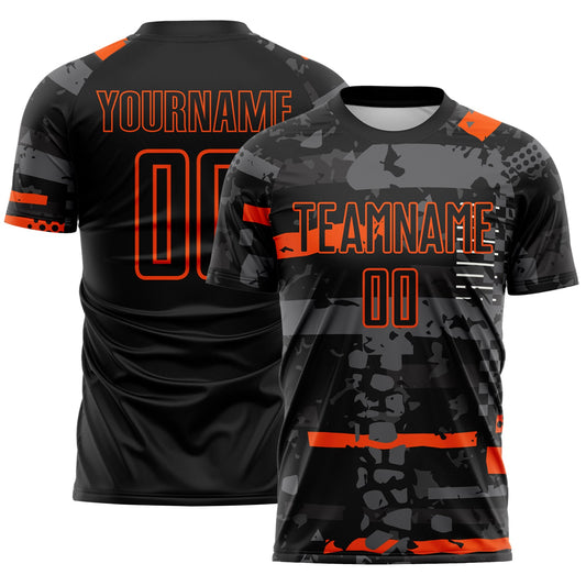 Custom Black Orange-Gray Abstract Geometric Stripe Fragment Sublimation Soccer Uniform Jersey - Main View