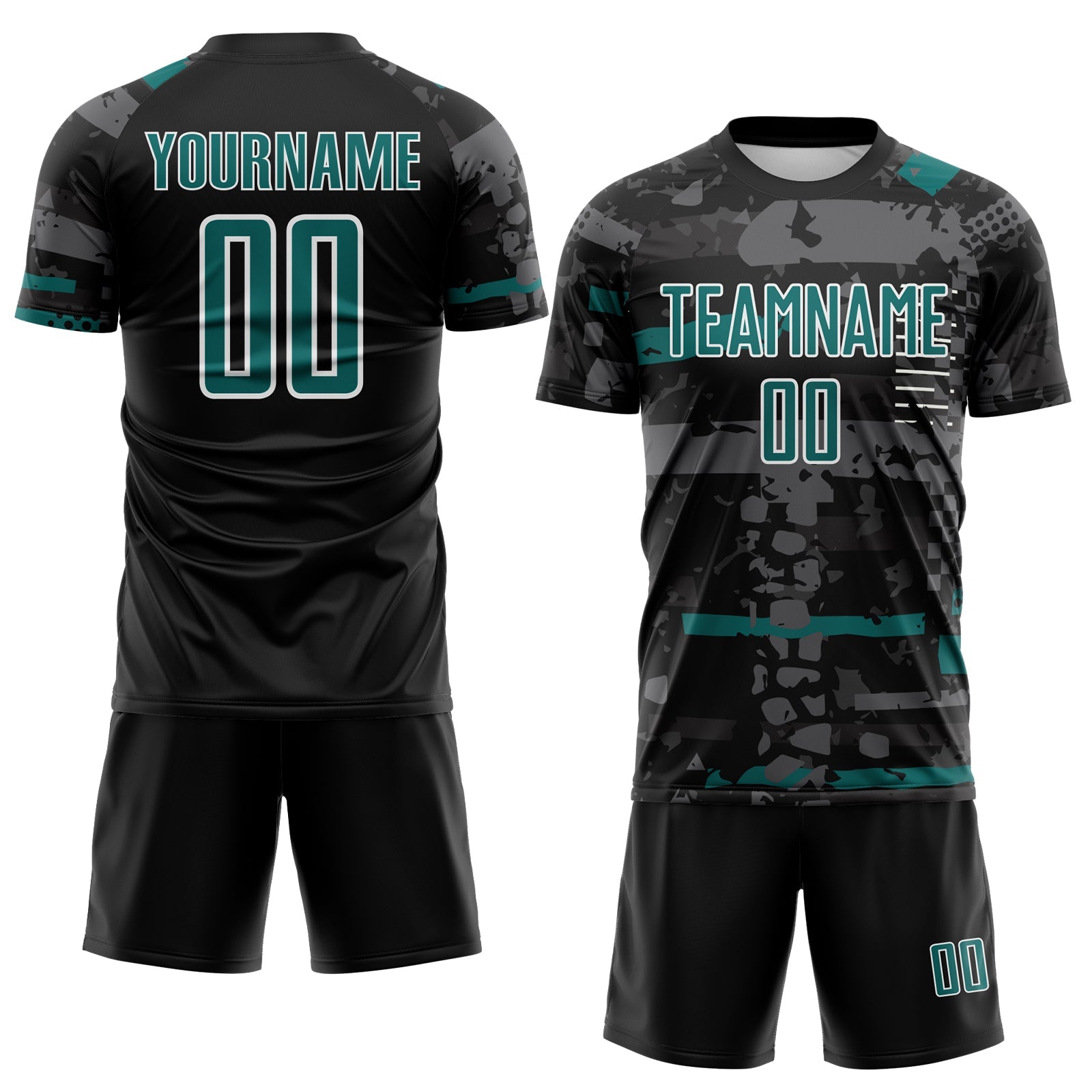 Custom Black Teal Gray-White Abstract Geometric Stripe Fragment Sublimation Soccer Uniform Jersey view 2