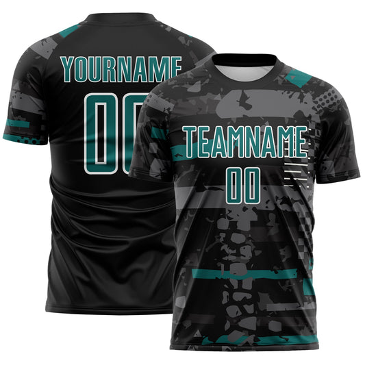 Custom Black Teal Gray-White Abstract Geometric Stripe Fragment Sublimation Soccer Uniform Jersey - Main View