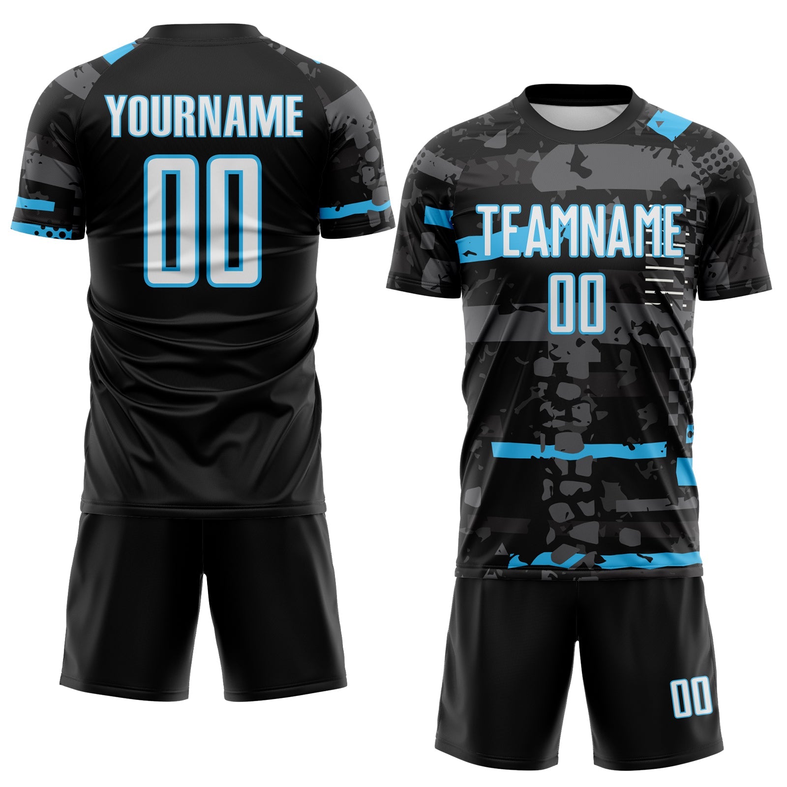 Custom Black White Sky Blue-Gray Abstract Geometric Stripe Fragment Sublimation Soccer Uniform Jersey view 2