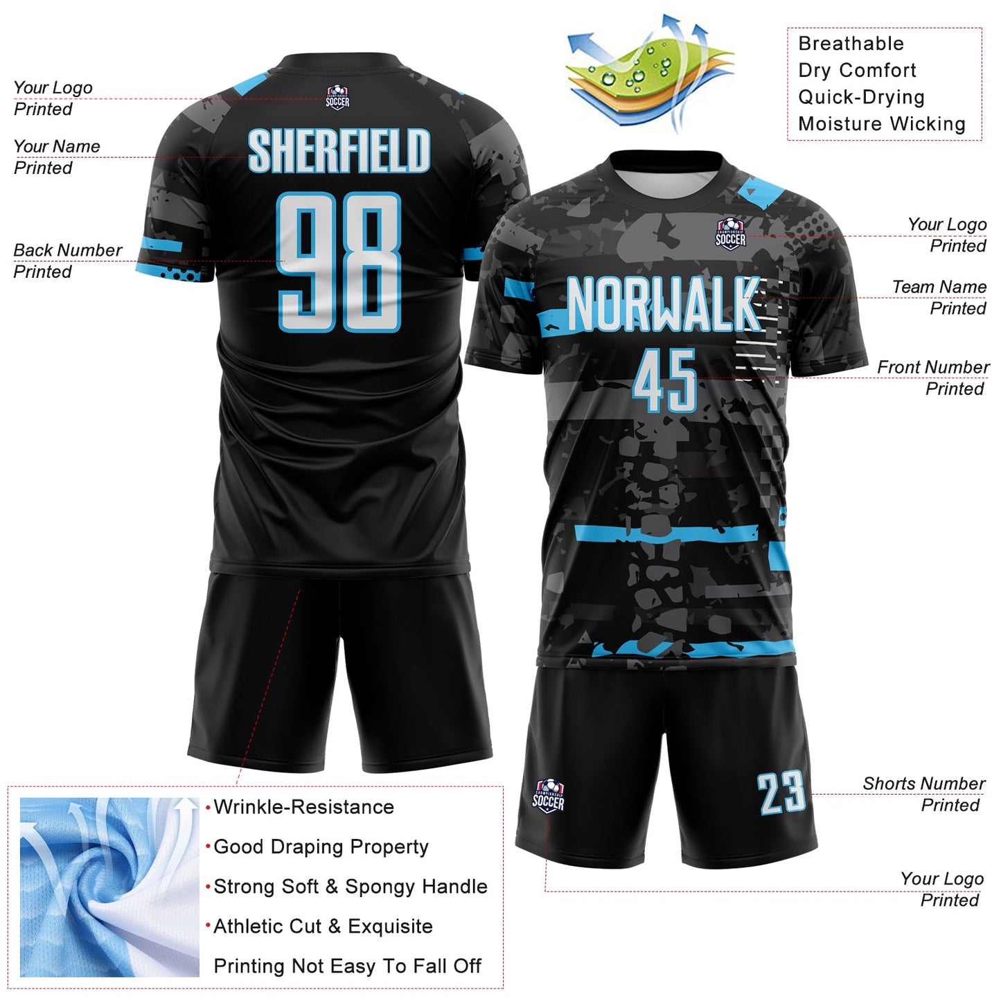 Custom Black White Sky Blue-Gray Abstract Geometric Stripe Fragment Sublimation Soccer Uniform Jersey view 4