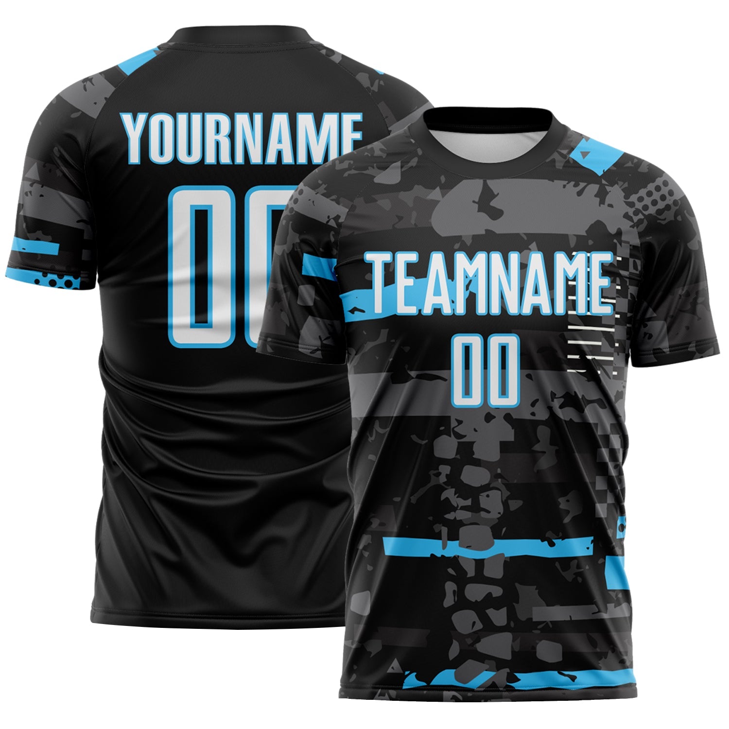 Custom Black White Sky Blue-Gray Abstract Geometric Stripe Fragment Sublimation Soccer Uniform Jersey - Main View