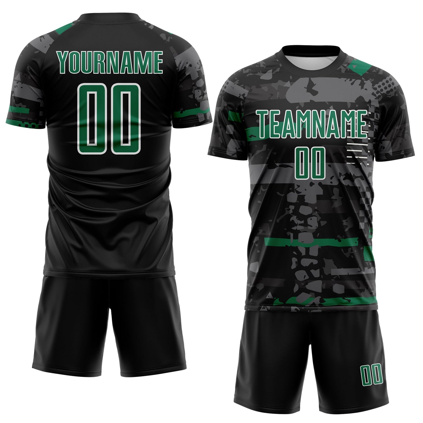 Custom Black Kelly Green Gray-White Abstract Geometric Stripe Fragment Sublimation Soccer Uniform Jersey view 2