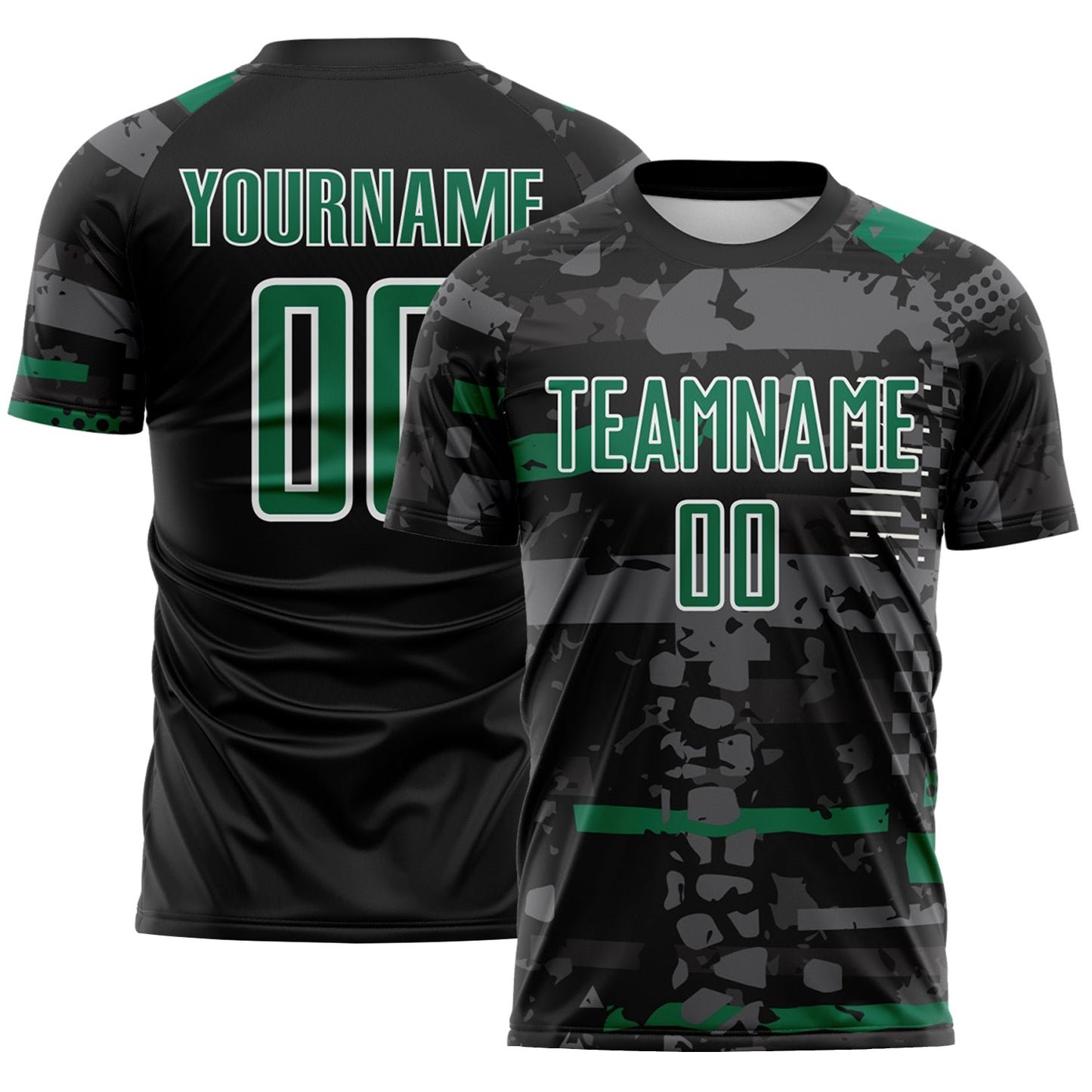 Custom Black Kelly Green Gray-White Abstract Geometric Stripe Fragment Sublimation Soccer Uniform Jersey - Main View