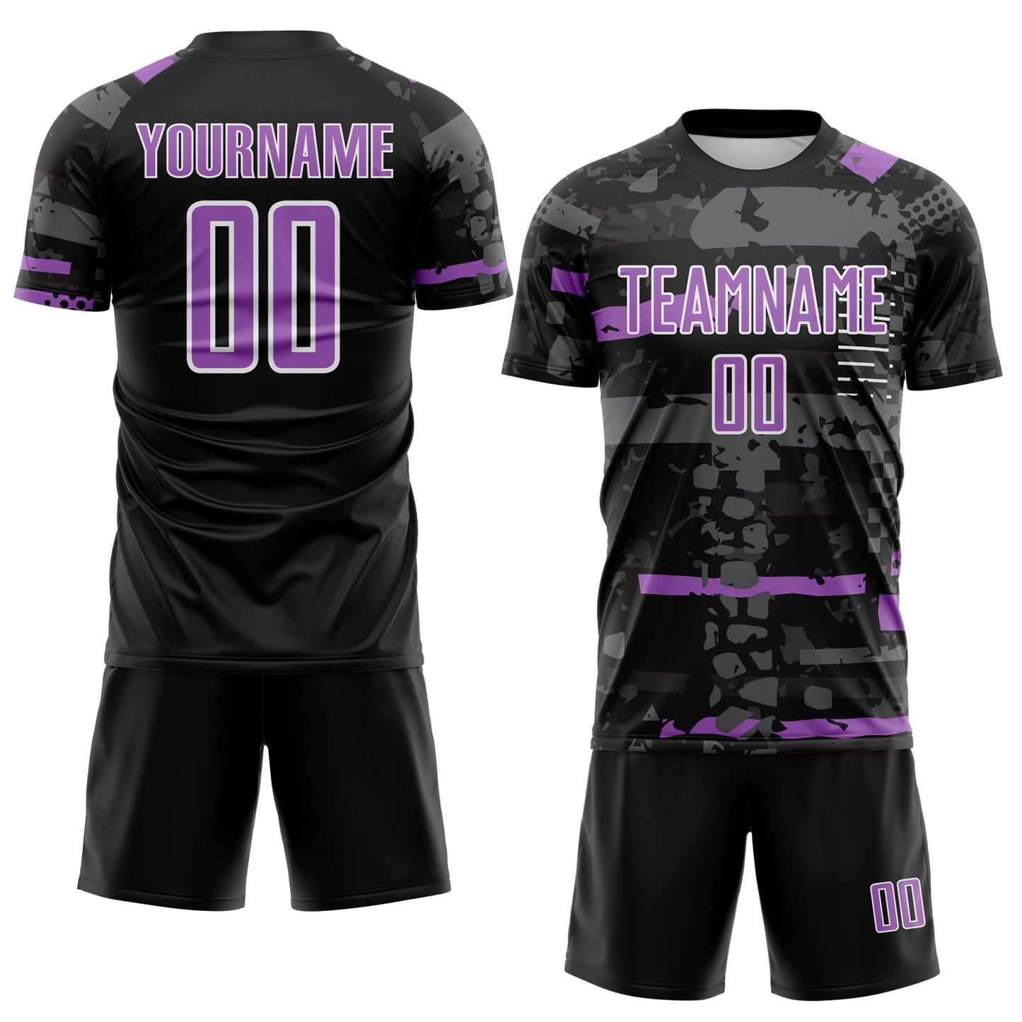 Custom Black Medium Purple Gray-White Abstract Geometric Stripe Fragment Sublimation Soccer Uniform Jersey view 2