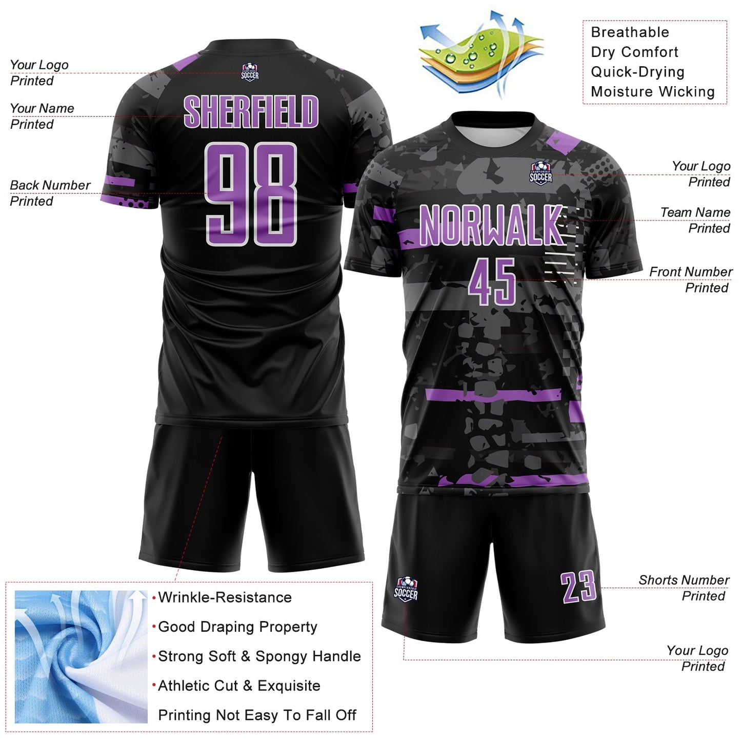 Custom Black Medium Purple Gray-White Abstract Geometric Stripe Fragment Sublimation Soccer Uniform Jersey view 4