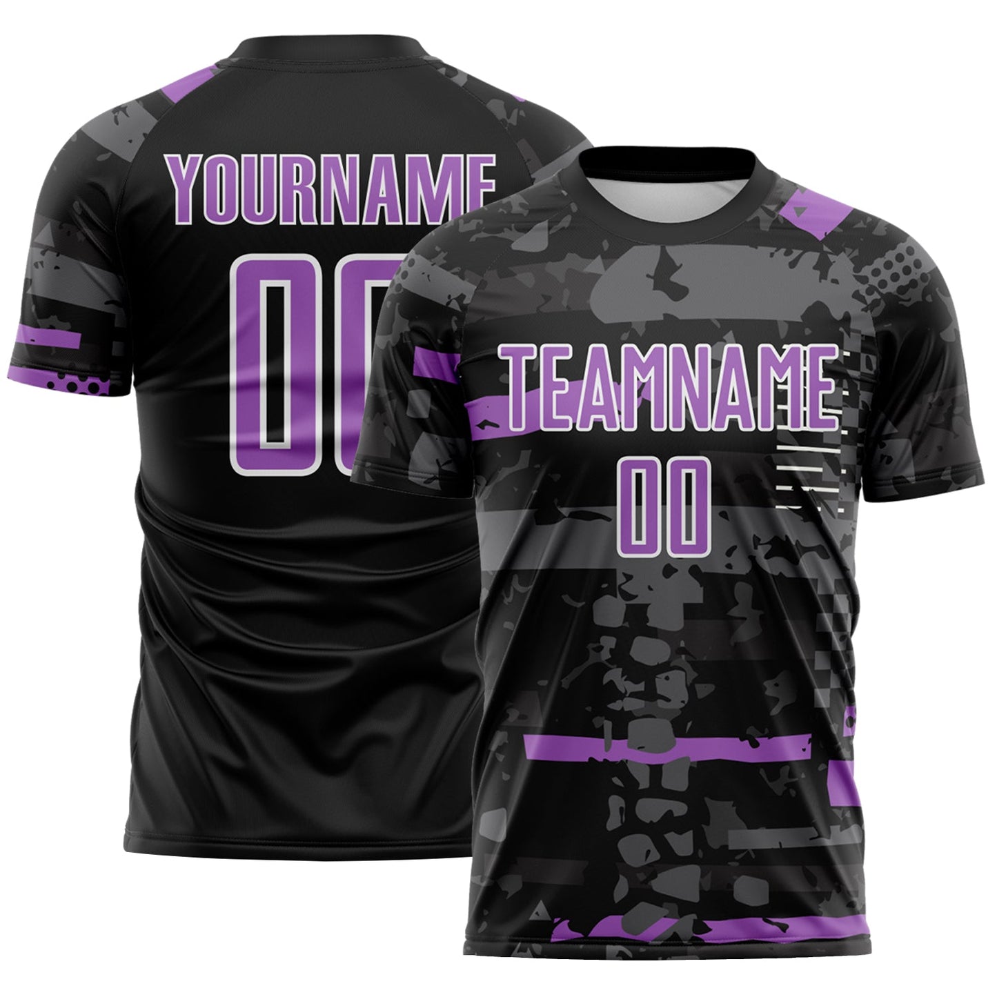 Custom Black Medium Purple Gray-White Abstract Geometric Stripe Fragment Sublimation Soccer Uniform Jersey - Main View