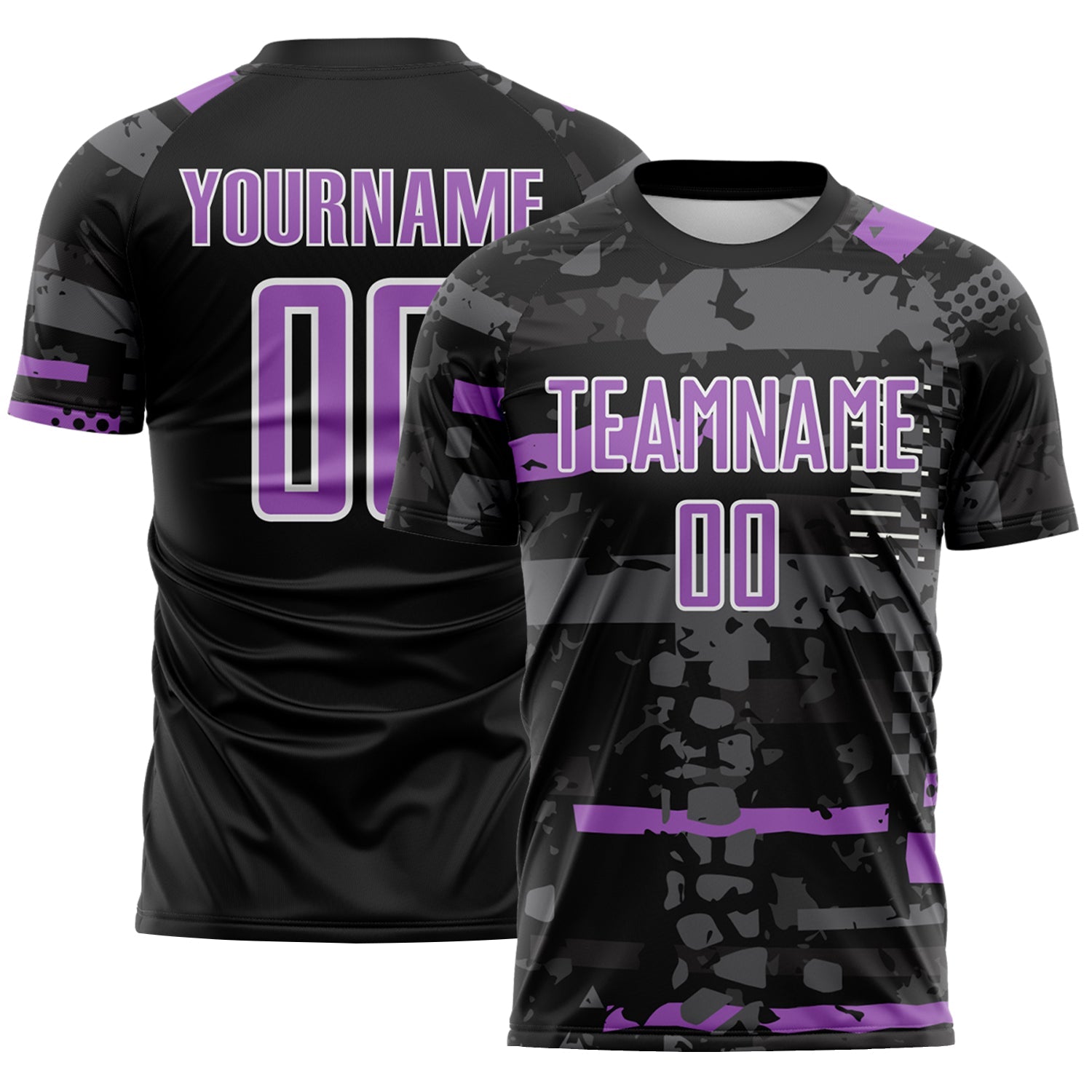 Custom Black Medium Purple Gray-White Abstract Geometric Stripe Fragment Sublimation Soccer Uniform Jersey - Main View
