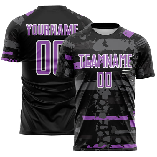 Custom Black Medium Purple Gray-White Abstract Geometric Stripe Fragment Sublimation Soccer Uniform Jersey - Main View