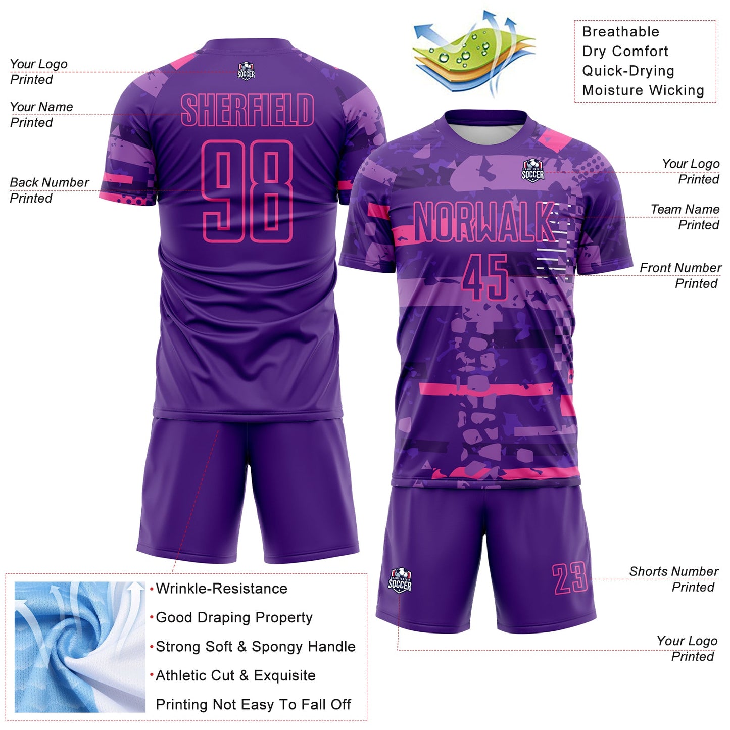 Custom Purple-Pink Abstract Geometric Stripe Fragment Sublimation Soccer Uniform Jersey view 4