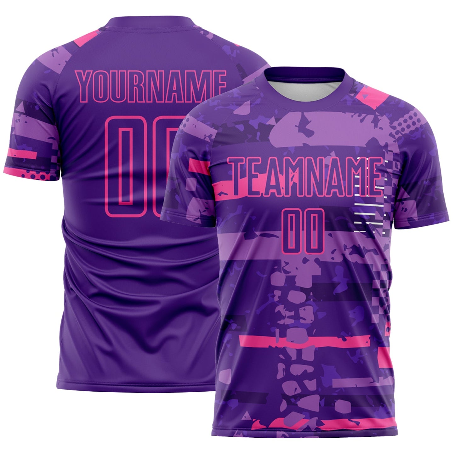 Custom Purple-Pink Abstract Geometric Stripe Fragment Sublimation Soccer Uniform Jersey - Main View