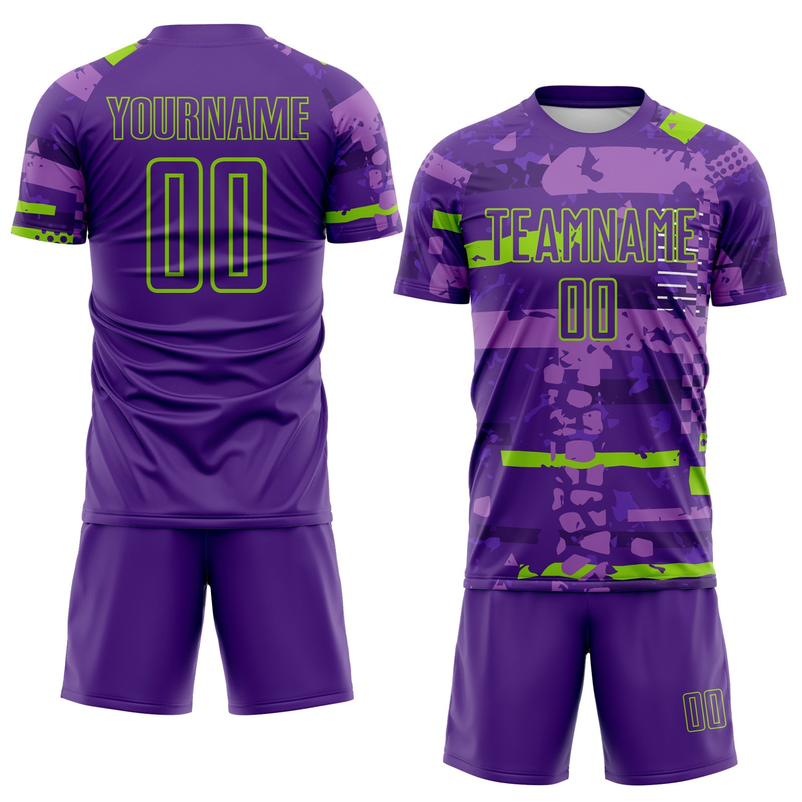 Custom Purple-Neon Green Abstract Geometric Stripe Fragment Sublimation Soccer Uniform Jersey view 2