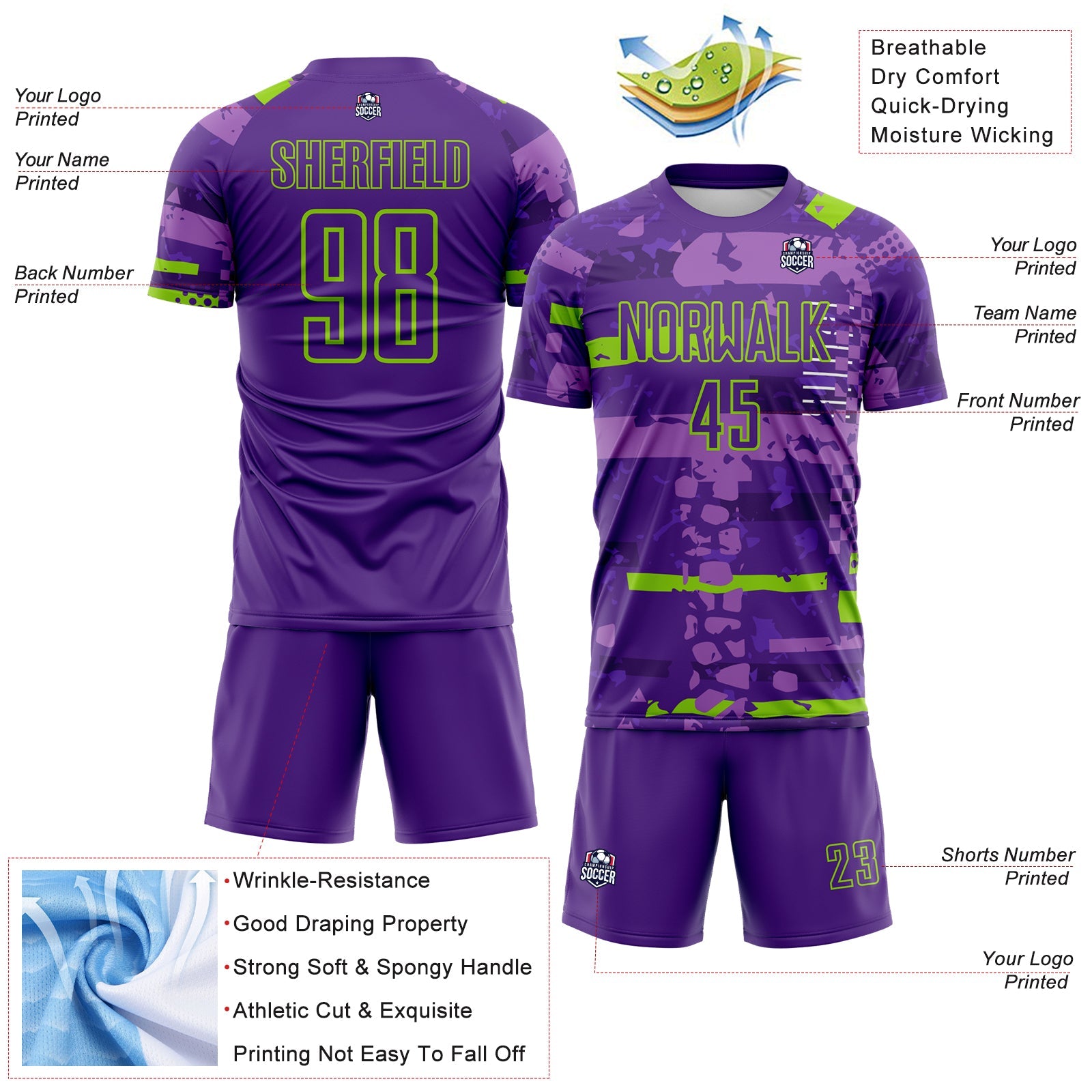 Custom Purple-Neon Green Abstract Geometric Stripe Fragment Sublimation Soccer Uniform Jersey view 4