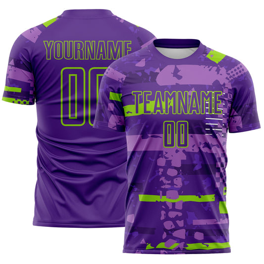 Custom Purple-Neon Green Abstract Geometric Stripe Fragment Sublimation Soccer Uniform Jersey - Main View