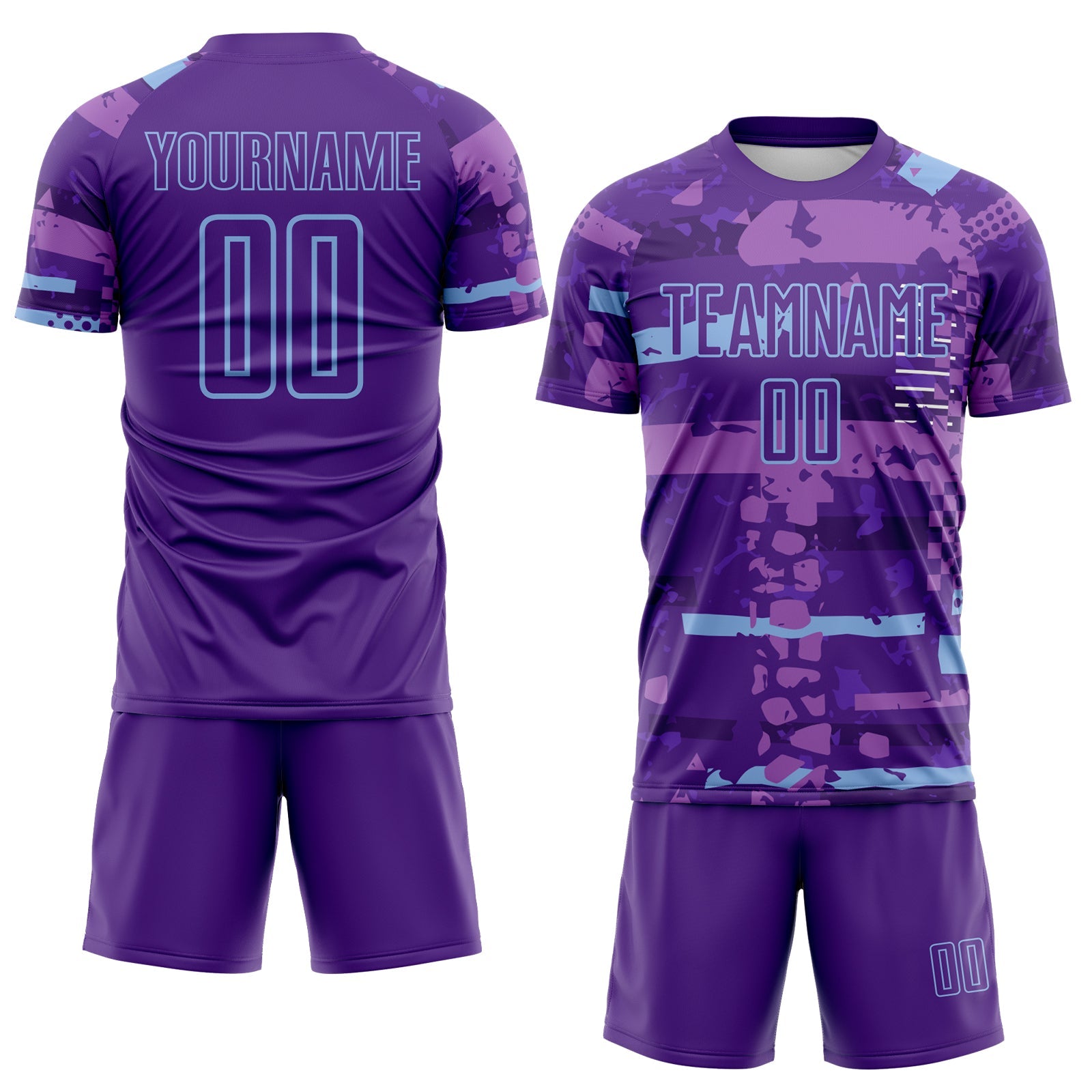 Custom Purple-Light Blue Abstract Geometric Stripe Fragment Sublimation Soccer Uniform Jersey view 2