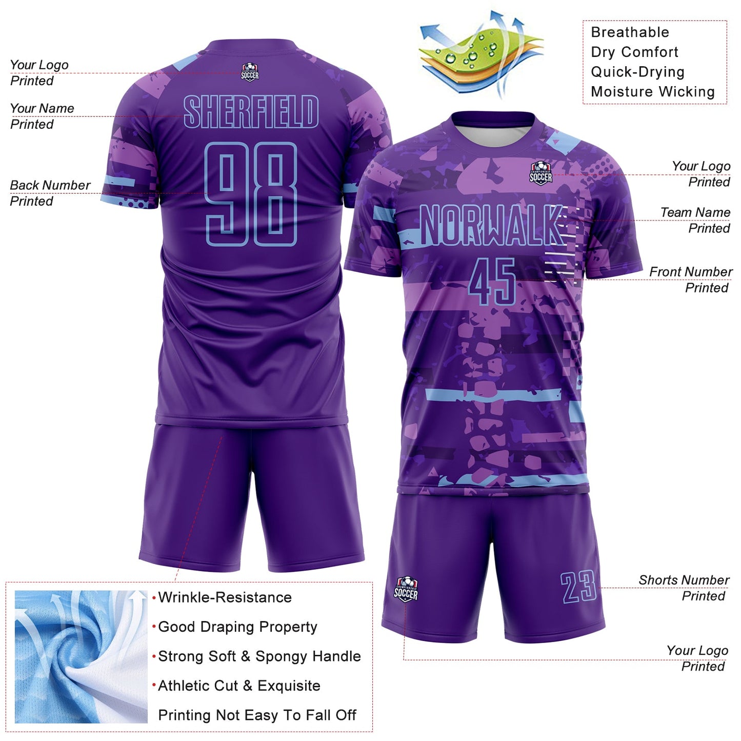 Custom Purple-Light Blue Abstract Geometric Stripe Fragment Sublimation Soccer Uniform Jersey view 4