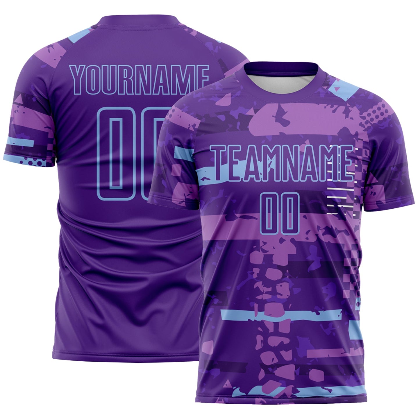 Custom Purple-Light Blue Abstract Geometric Stripe Fragment Sublimation Soccer Uniform Jersey - Main View