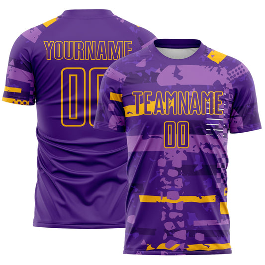 Custom Purple-Gold Abstract Geometric Stripe Fragment Sublimation Soccer Uniform Jersey - Main View