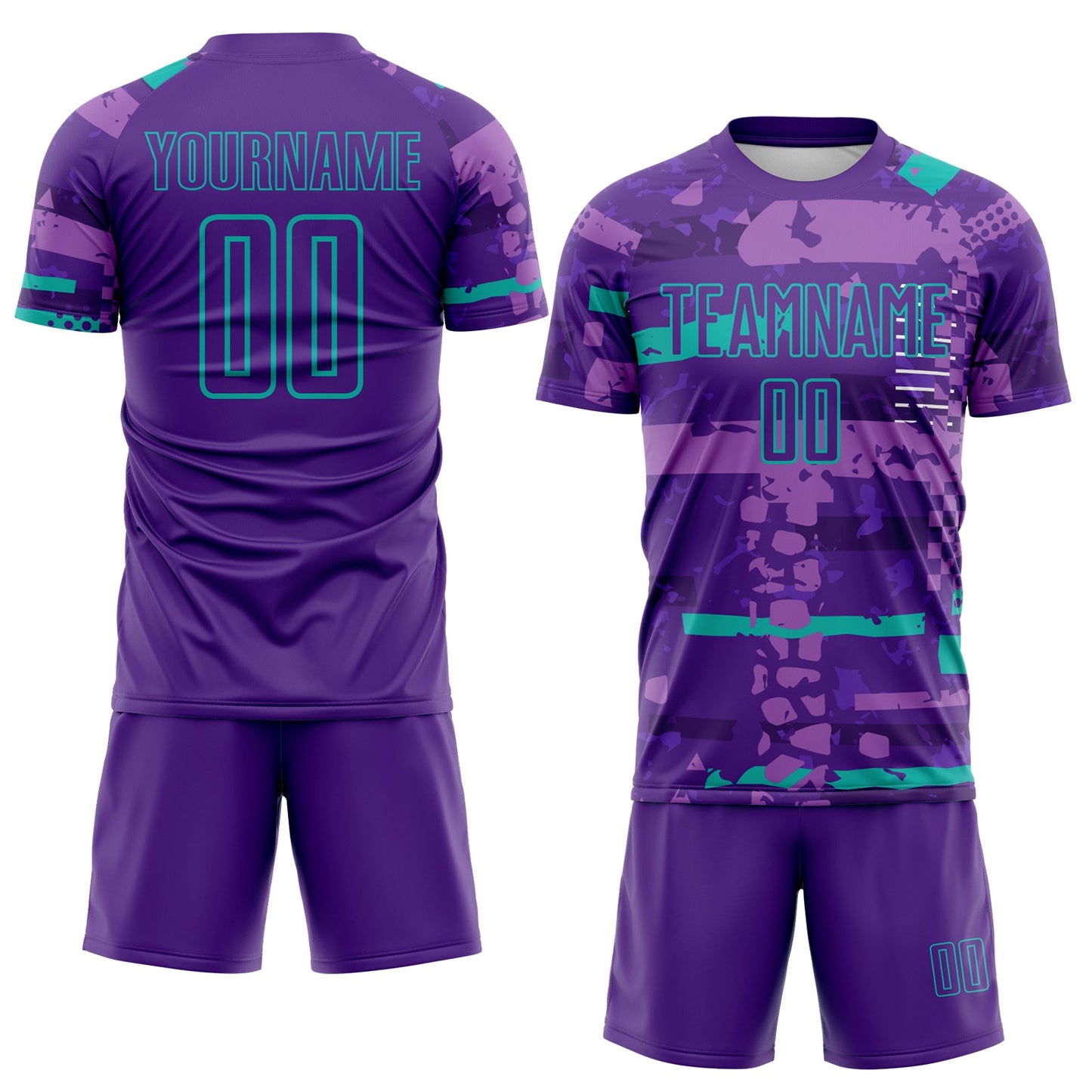 Custom Purple Aqua-Green Abstract Geometric Stripe Fragment Sublimation Soccer Uniform Jersey view 2