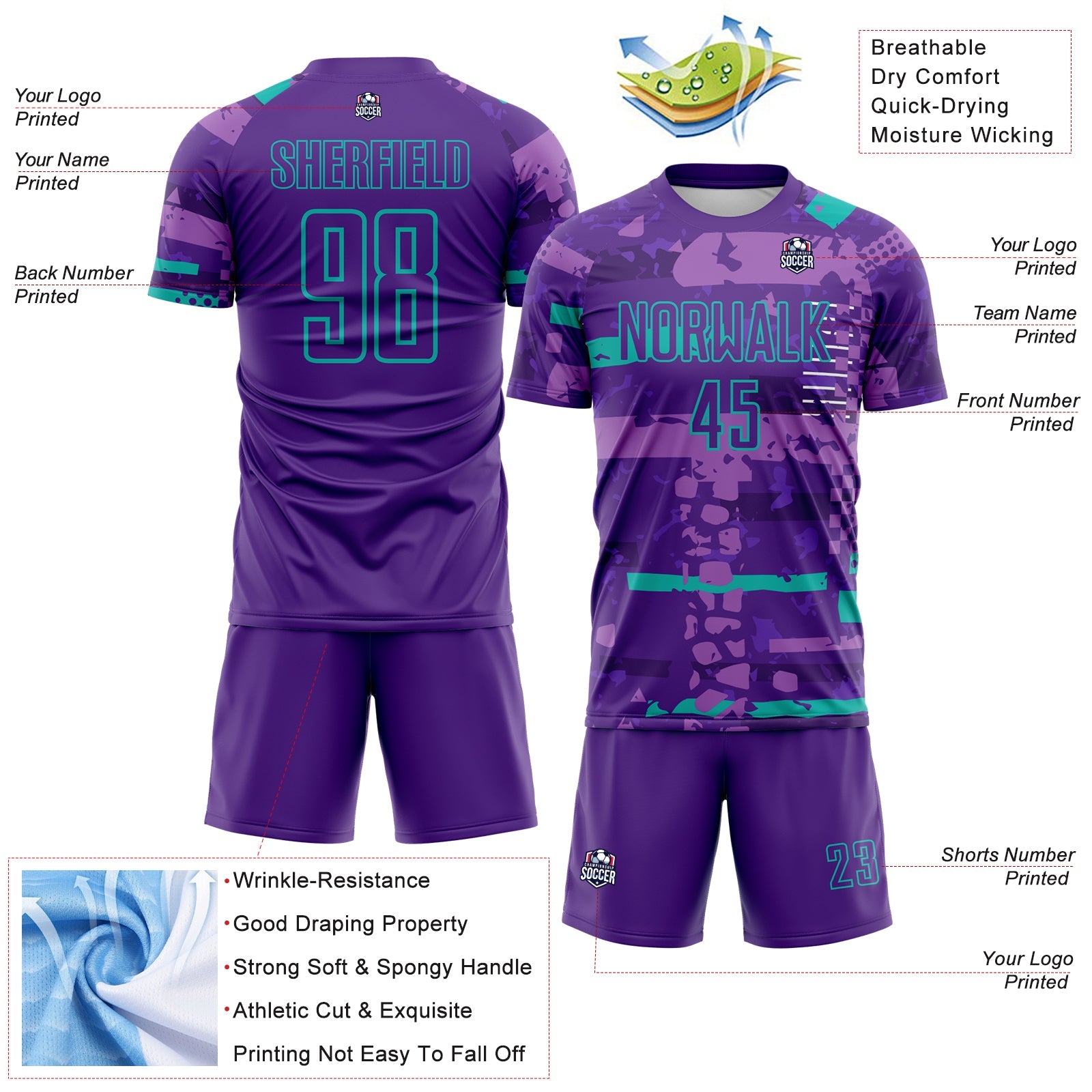 Custom Purple Aqua-Green Abstract Geometric Stripe Fragment Sublimation Soccer Uniform Jersey view 4