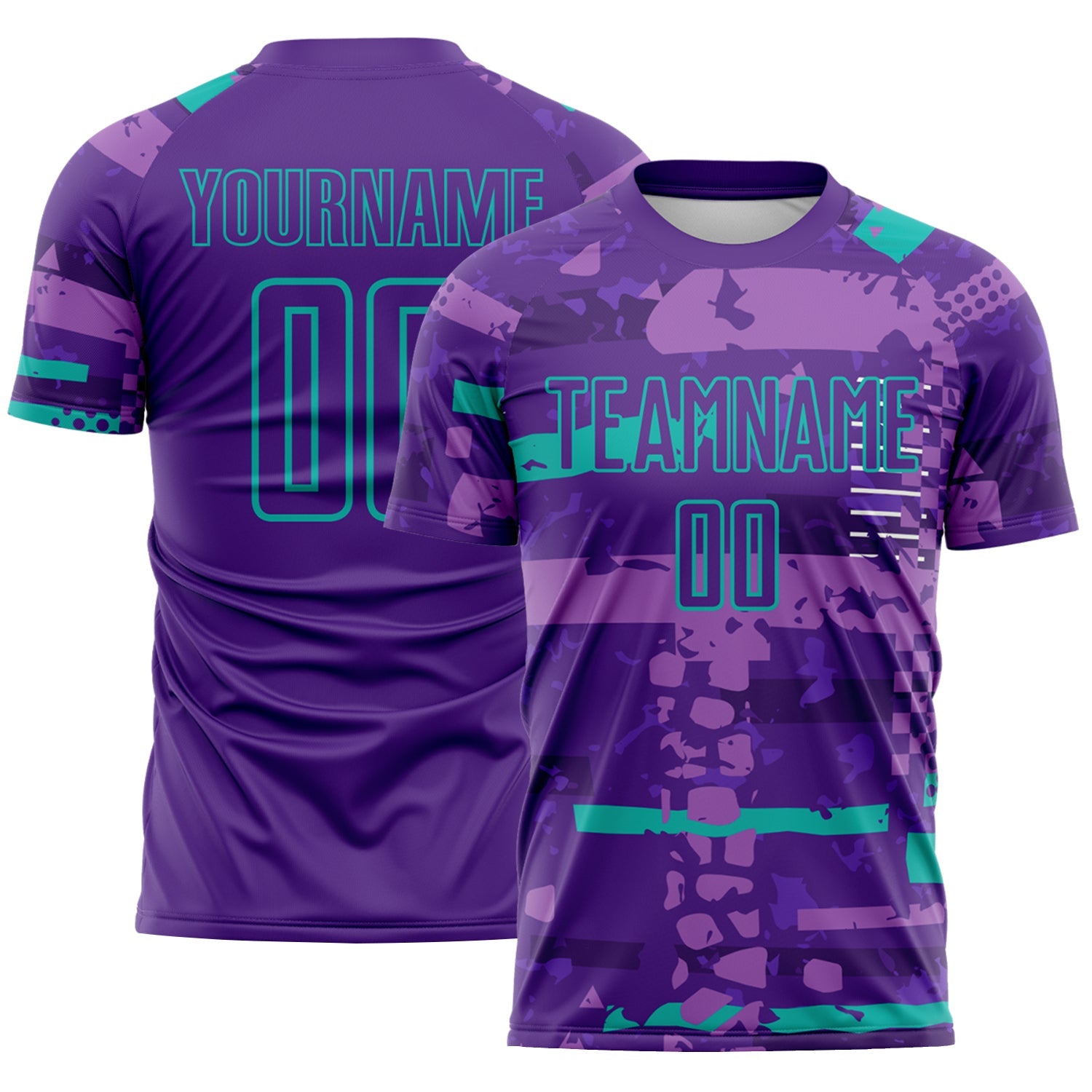 Custom Purple Aqua-Green Abstract Geometric Stripe Fragment Sublimation Soccer Uniform Jersey - Main View