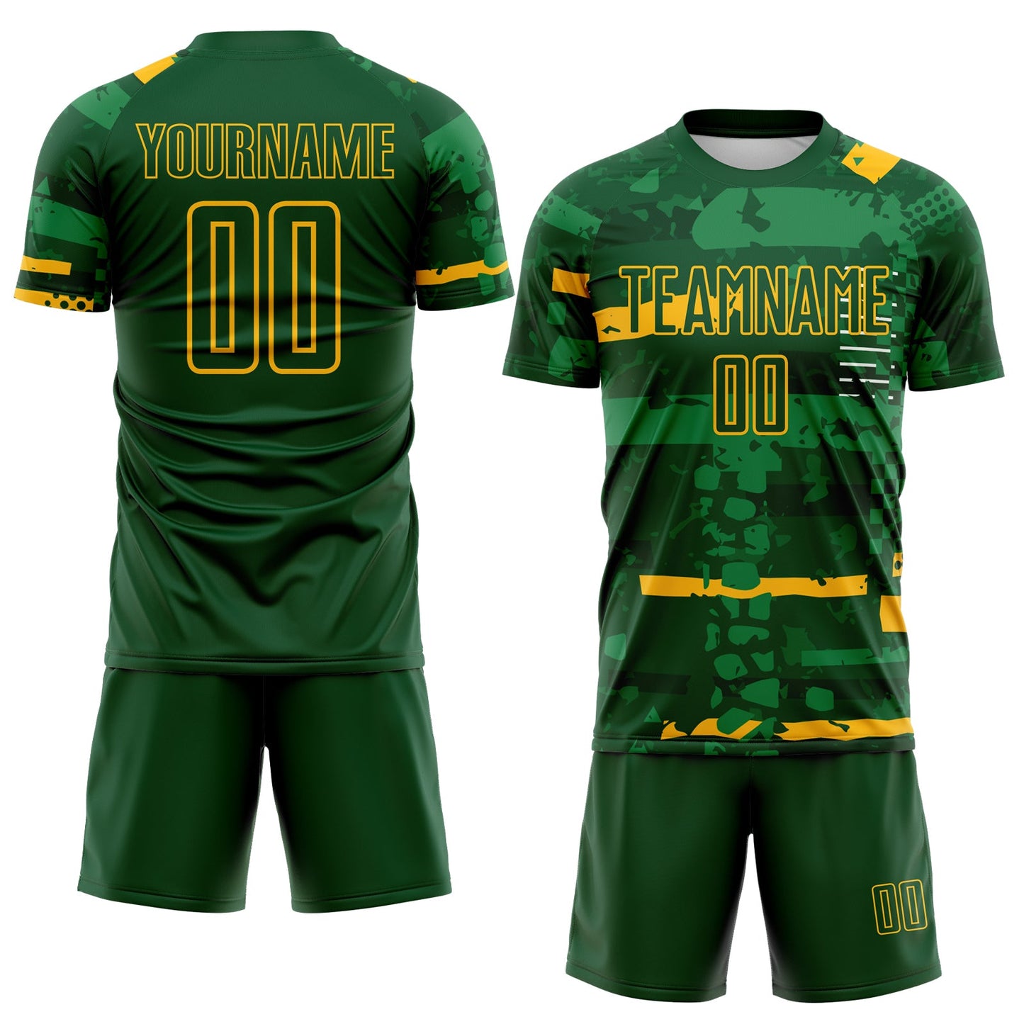 Custom Green-Gold Abstract Geometric Stripe Fragment Sublimation Soccer Uniform Jersey view 2