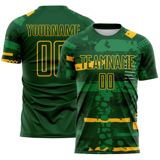 Custom Green-Gold Abstract Geometric Stripe Fragment Sublimation Soccer Uniform Jersey - Main View