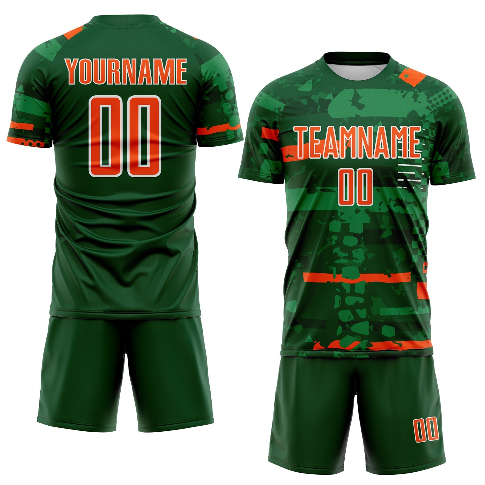 Custom Green Orange-White Abstract Geometric Stripe Fragment Sublimation Soccer Uniform Jersey view 2