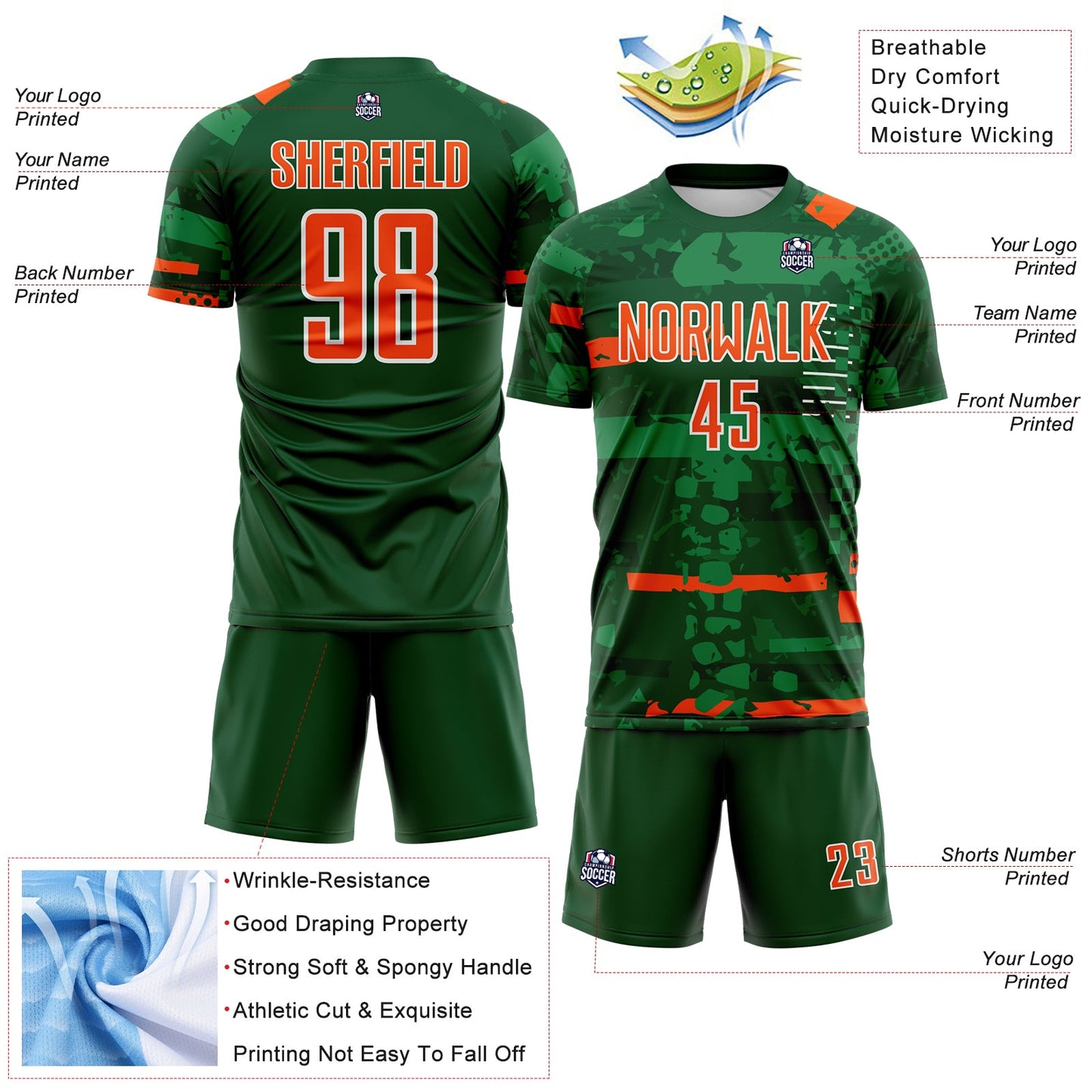 Custom Green Orange-White Abstract Geometric Stripe Fragment Sublimation Soccer Uniform Jersey view 4