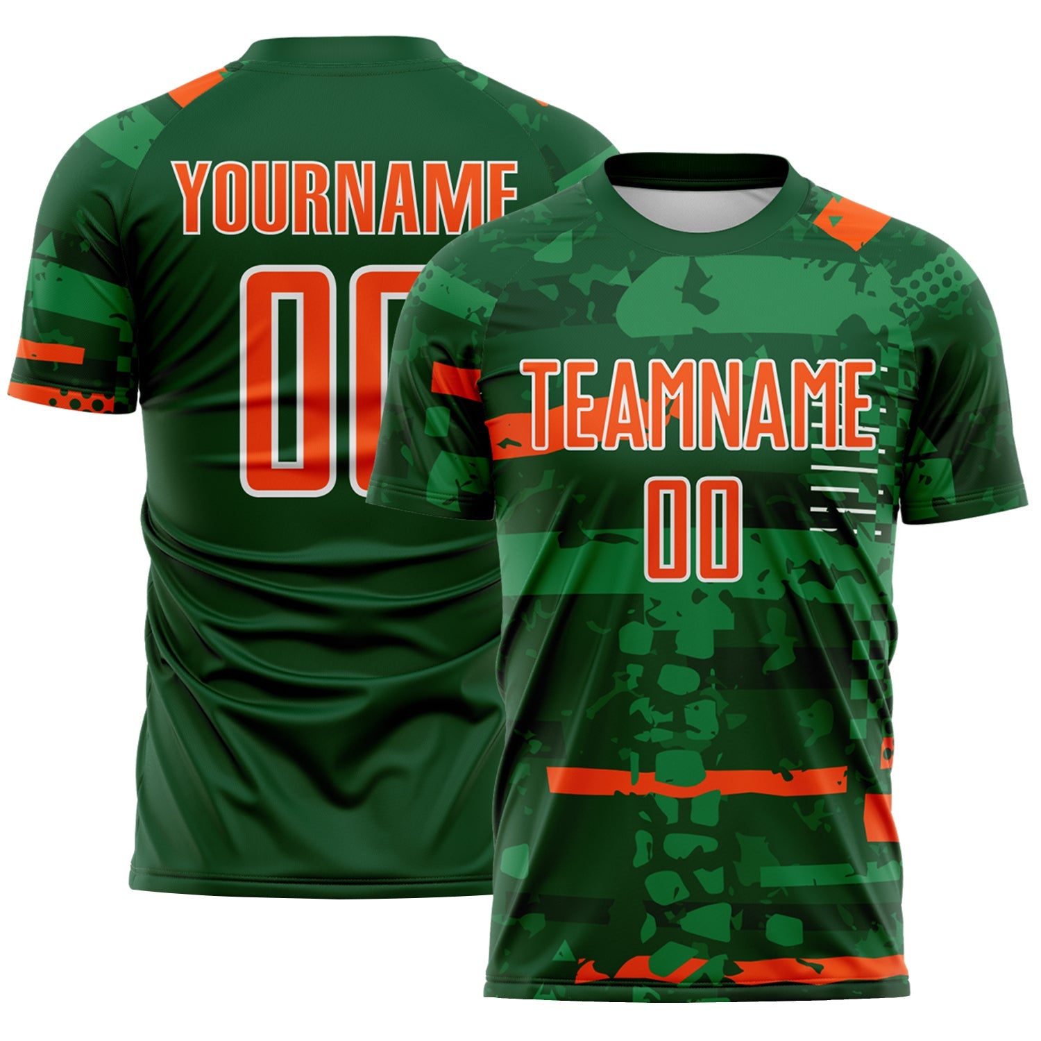 Custom Green Orange-White Abstract Geometric Stripe Fragment Sublimation Soccer Uniform Jersey - Main View