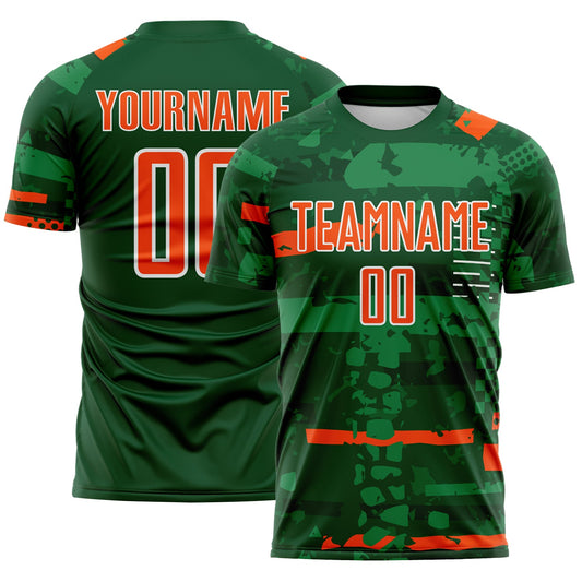 Custom Green Orange-White Abstract Geometric Stripe Fragment Sublimation Soccer Uniform Jersey - Main View