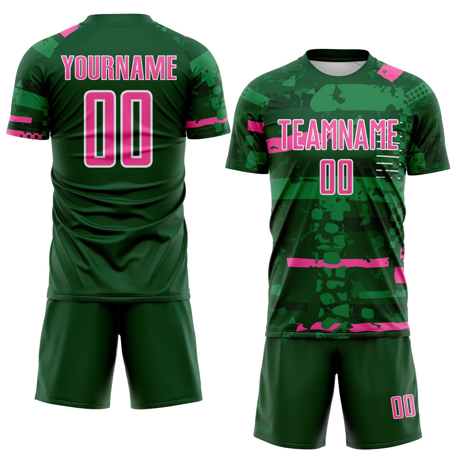 Custom Green Pink-White Abstract Geometric Stripe Fragment Sublimation Soccer Uniform Jersey view 2