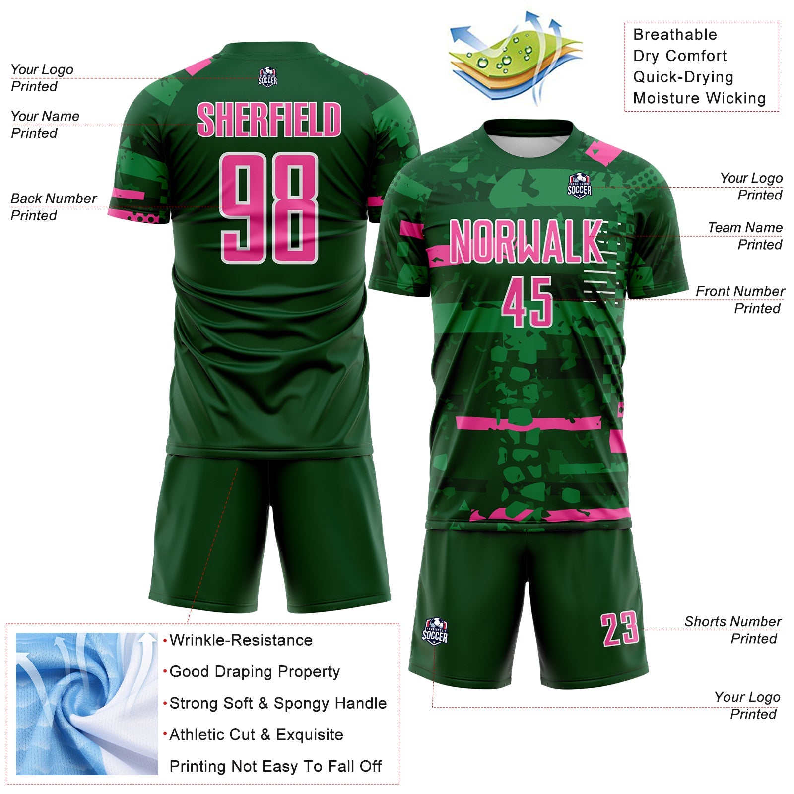Custom Green Pink-White Abstract Geometric Stripe Fragment Sublimation Soccer Uniform Jersey view 4