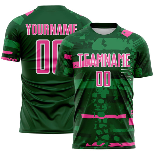 Custom Green Pink-White Abstract Geometric Stripe Fragment Sublimation Soccer Uniform Jersey - Main View
