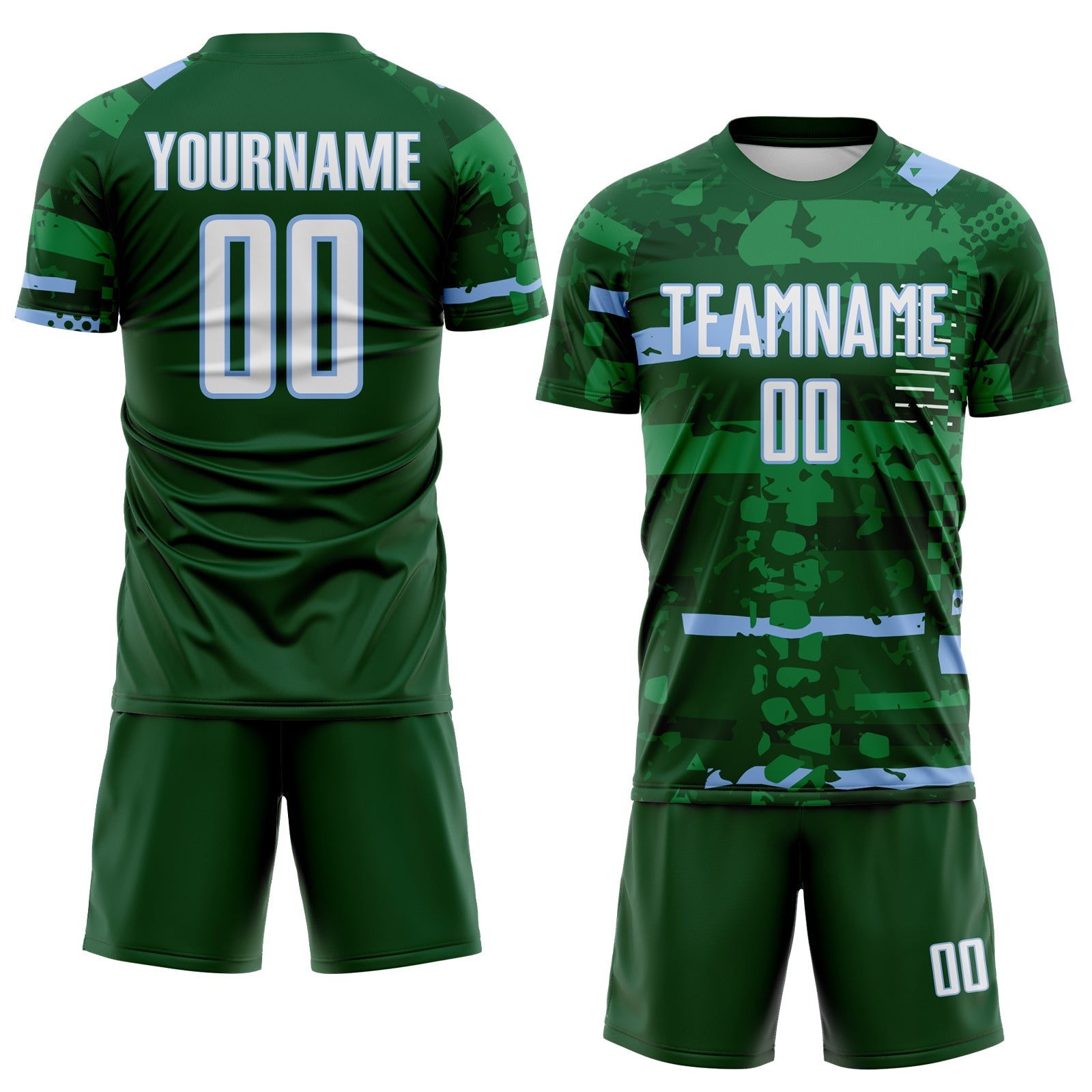 Custom Green White-Light Blue Abstract Geometric Stripe Fragment Sublimation Soccer Uniform Jersey view 2