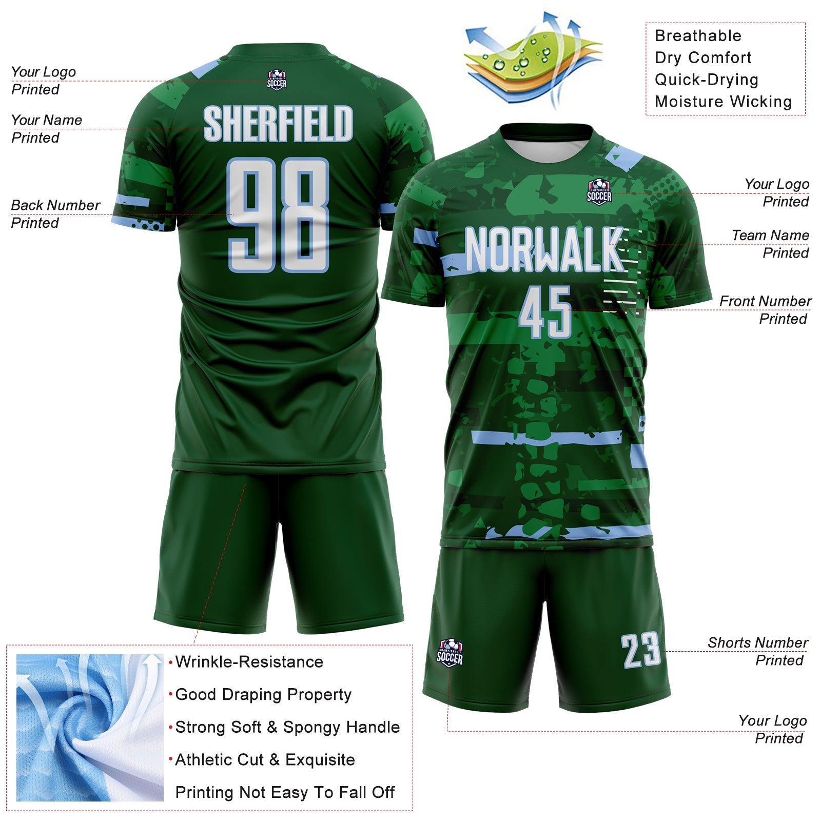 Custom Green White-Light Blue Abstract Geometric Stripe Fragment Sublimation Soccer Uniform Jersey view 4
