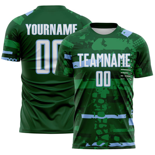 Custom Green White-Light Blue Abstract Geometric Stripe Fragment Sublimation Soccer Uniform Jersey - Main View