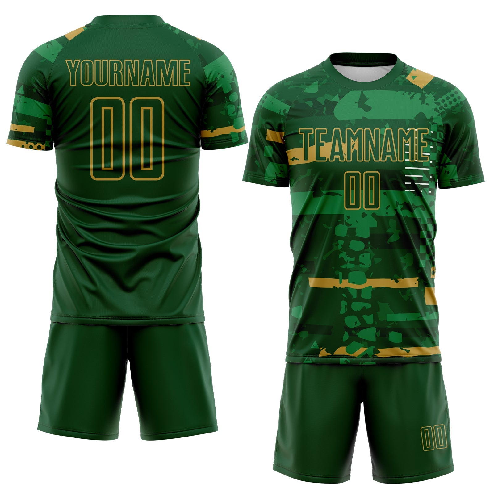 Custom Green-Old Gold Abstract Geometric Stripe Fragment Sublimation Soccer Uniform Jersey view 2