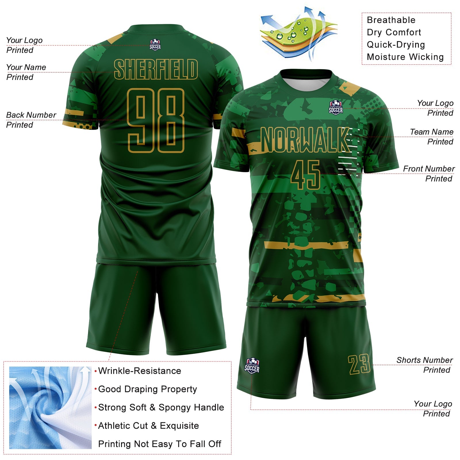 Custom Green-Old Gold Abstract Geometric Stripe Fragment Sublimation Soccer Uniform Jersey view 4