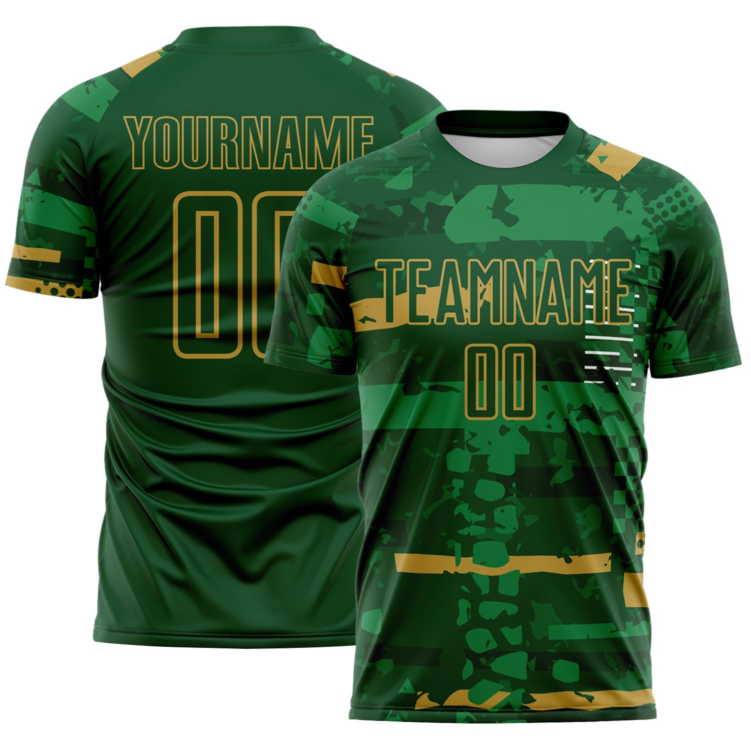 Custom Green-Old Gold Abstract Geometric Stripe Fragment Sublimation Soccer Uniform Jersey - Main View