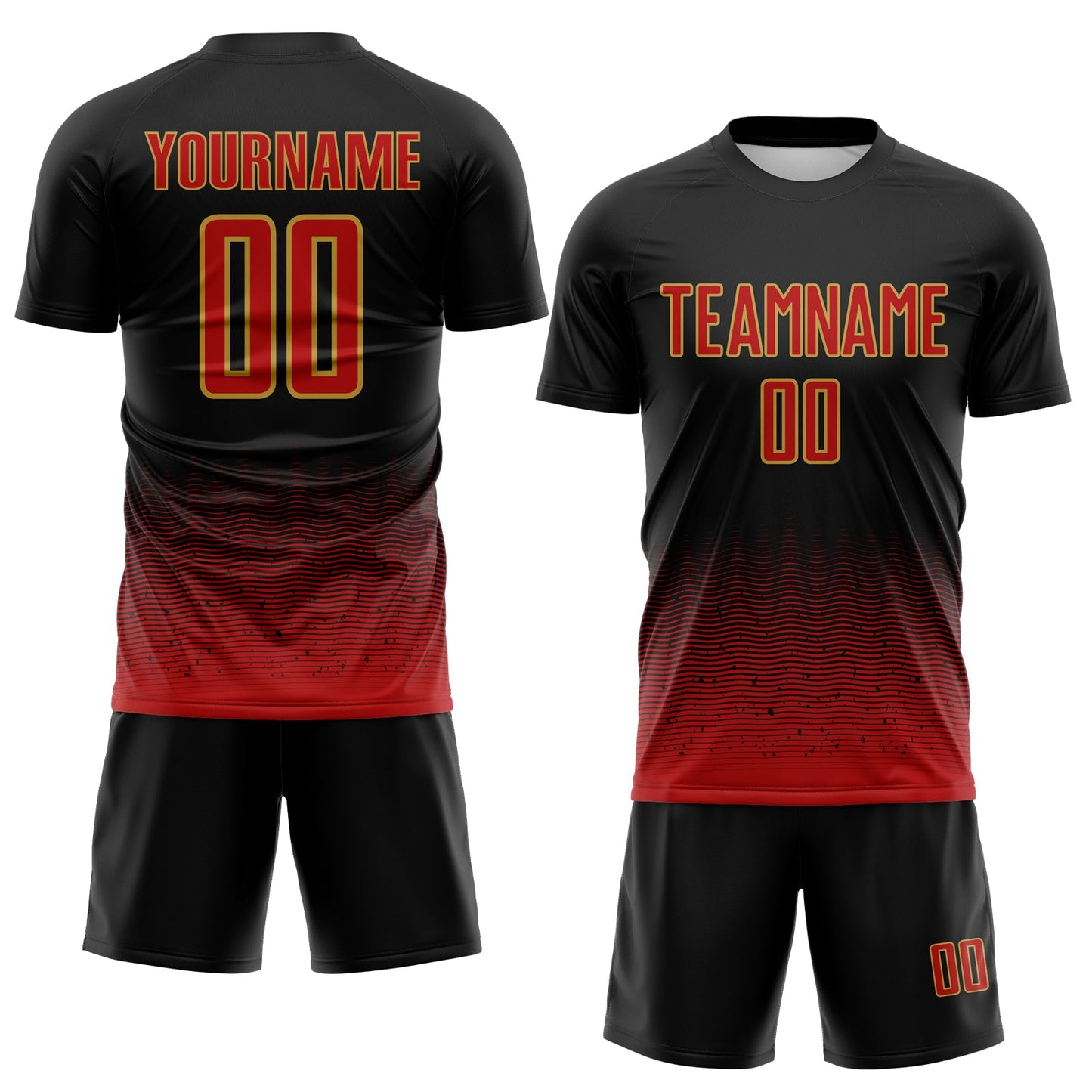 Custom Black Red-Old Gold Fade Wave Lines Splatter Sublimation Soccer Uniform Jersey view 2