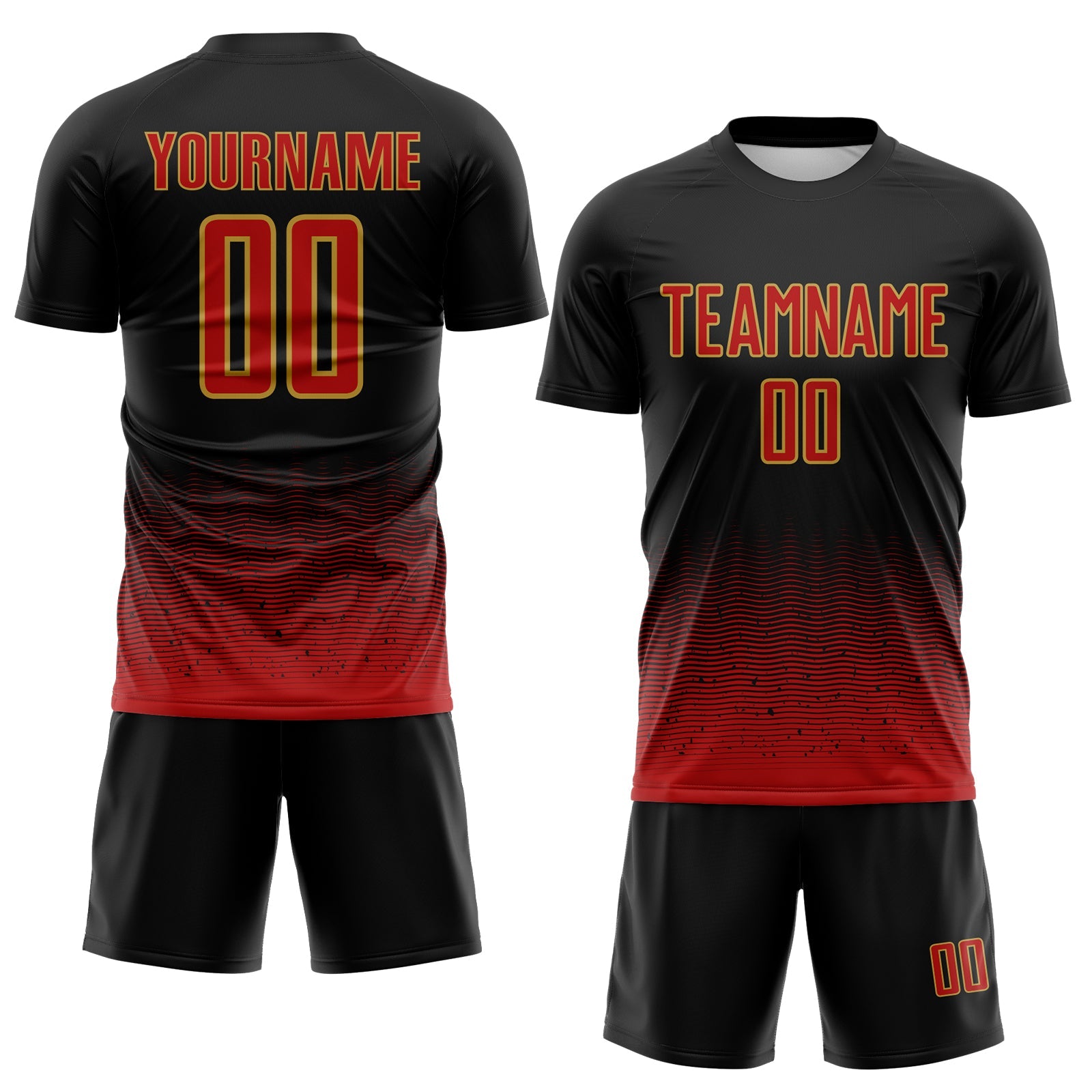 Custom Black Red-Old Gold Fade Wave Lines Splatter Sublimation Soccer Uniform Jersey view 2